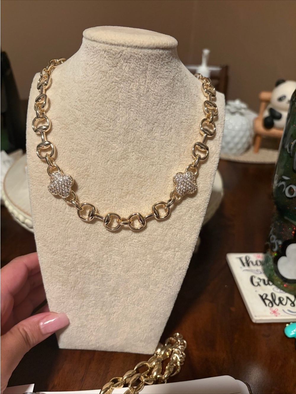Gold Chain Necklace with Pave Clover Accents
